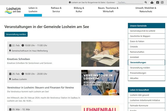 Screenshot des neuen Veranstaltungskalenders auf der Webseite der Gemeinde Losheim am See. Foto: Gemeinde